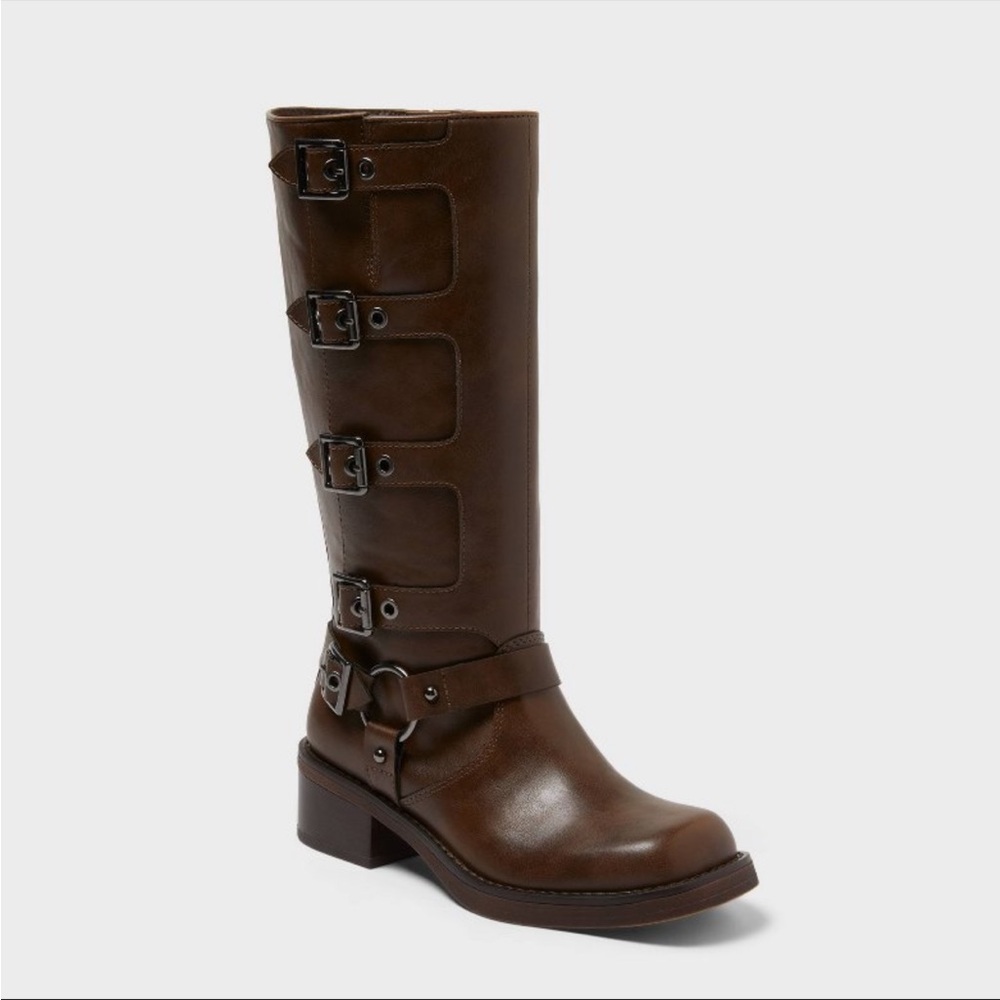 wild fable Brown Buckle Lace-Up Mid-Calf Boot